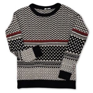 Fair Isle Sweater Womens Medium Black White Nordic Knit Pullover Winter Ski